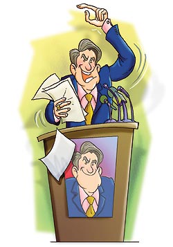 Fazendo autopromoção de si mesmo e não de suas idéias executáveis, o político profissional dá ares teatrais a uma nova forma de demagogia, sendo porta-voz dos consórcios de investidores opacos aplicando divisas em candidaturas surtidas.  - Foto: