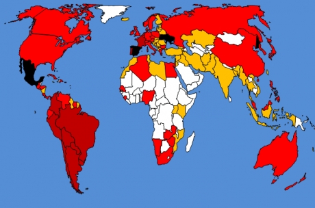 Contradizendo as afirmações do historiador inglês, as áreas coloridas do mapa demonstram a presença do anarquismo até o final da 2ª Guerra Mundial. Nota-se a perspectiva de luta classista e mundializada.  - Foto:anarkismo.net