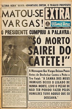 A capa da Última Hora após o suicídio de Getúlio Vargas é o exemplo vivo de como construir uma base de apoio do empresariado da mídia nacional e, desta forma, ao mesmo tempo em que se rompe parcialmente com o modelo oligárquico, reforça-se o mesmo.  - Foto:blogdacomunicacao.com.br 